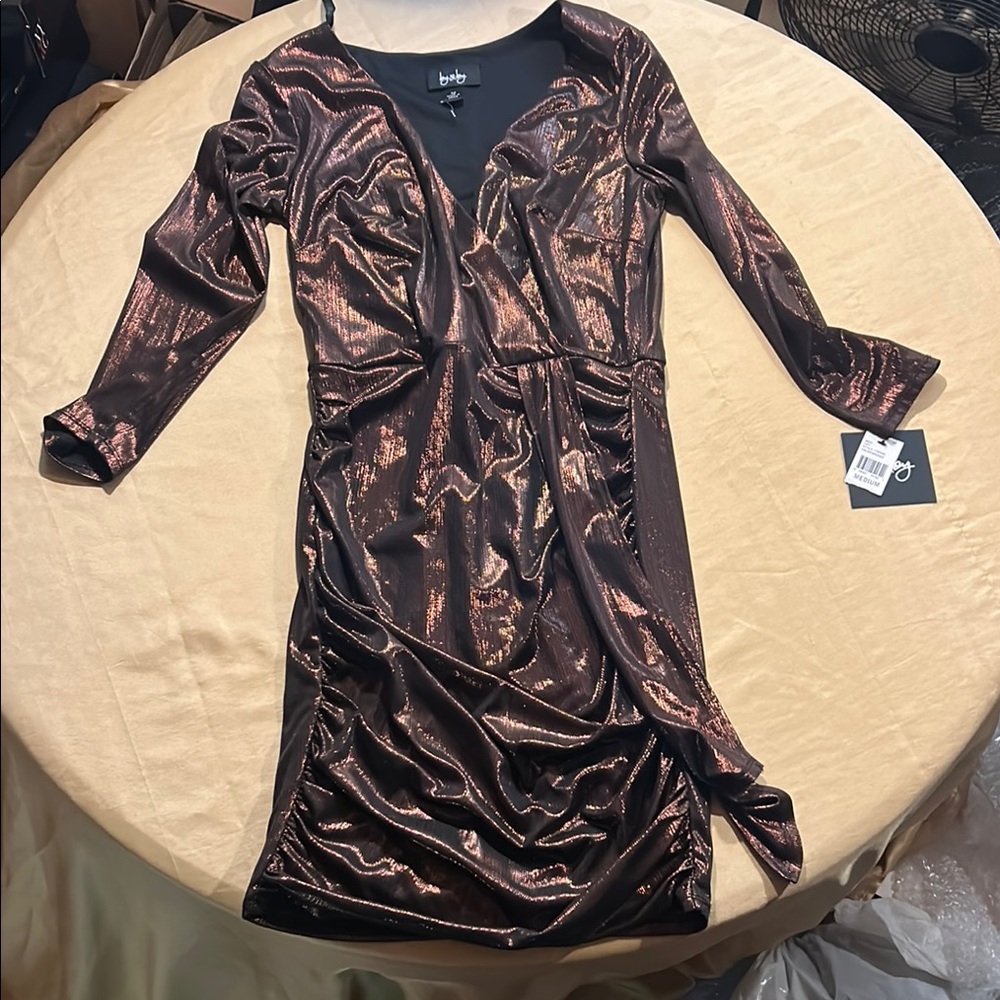 by & by Ruched Brown and Gold Wrap Bodycon Dress M
